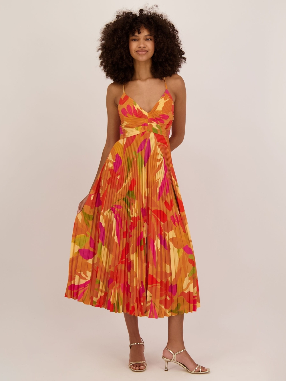 Astr Blythe Orange Floral Pleated Midi Dress with Pink & Green Accents